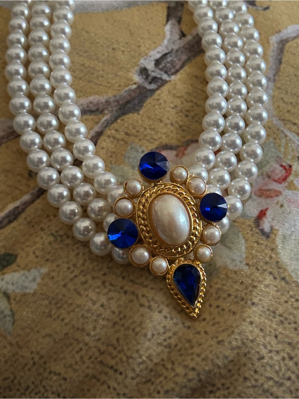 Pearl Multi-Strand Necklace with Gold and Royal Blue Accents